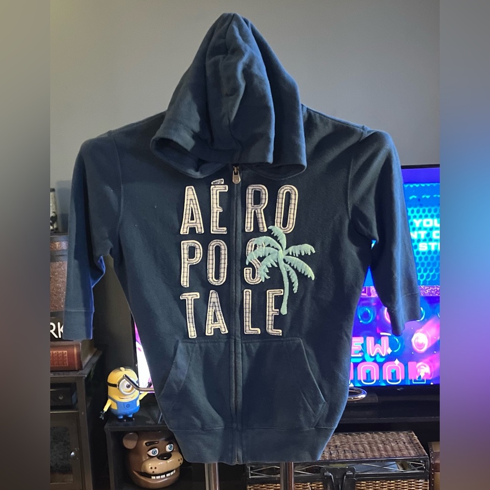 Aeropostale Navy Blue full-zip Hoodie with Palm Design 3/4 sleeves Size M